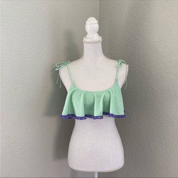 Pink Victoria Secret Womens Green Ruffle Hem Bikini Top Swimwear Size S - Picture 1 of 6